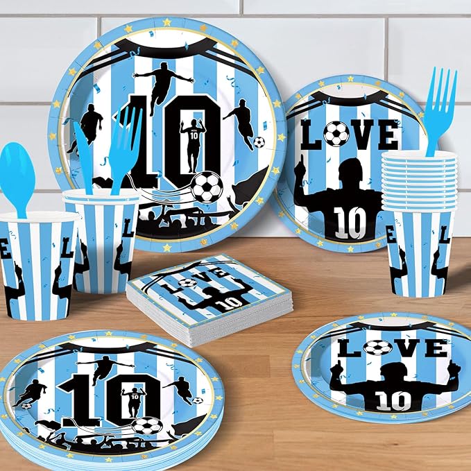 Soccer Star Party Supplies for Kids Birthday Party, Blue & White Legendary Football Star Party Decorations Disposable Tableware Set With Plates, Cups, Napkins & Cutlery for 24 Guests