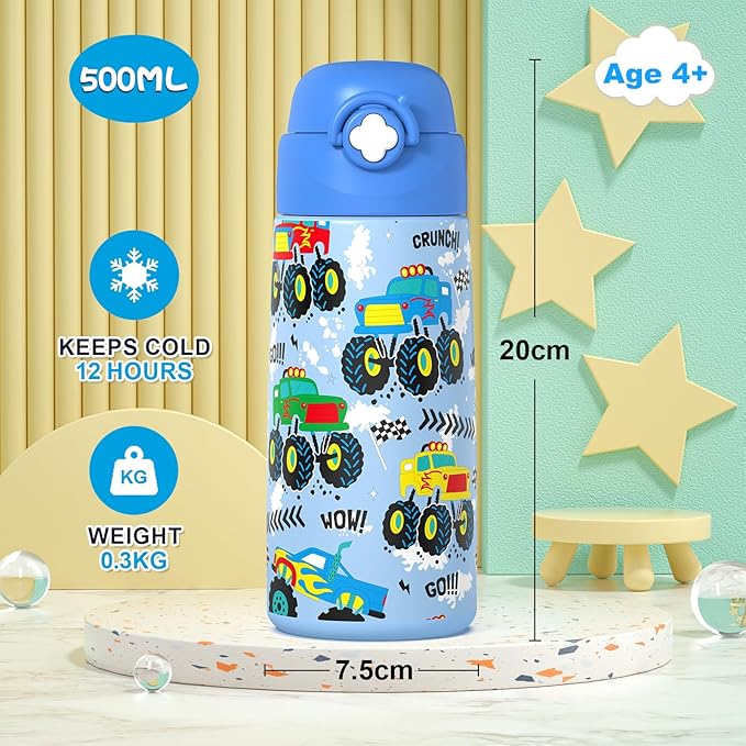 Boys Monster Truck Insulated Water Bottle with Covered Pop-Up Straw,16 oz Kids Cups with Stainless Steel Leak Proof for School