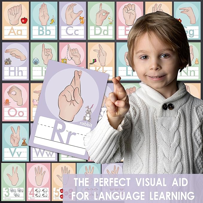 YIYDONG 36 Pieces ASL Alphabet Line Bulletin Board Set ABC Number Sign Language Flash Cards Wall Decorations for Pre-School Kindergarten Elementary Classroom Nursery Homeschool (Soft Tones)