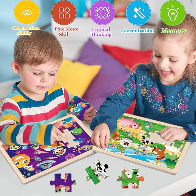 Wooden Puzzles for Kids Ages 4-6, 6 Packs 24 PCs Wood Dinosaur Animals Jigsaw Puzzles for Toddlers Ages 3-5, Preschool Educational Learning Puzzles Toys Gifts for Boys and Girls