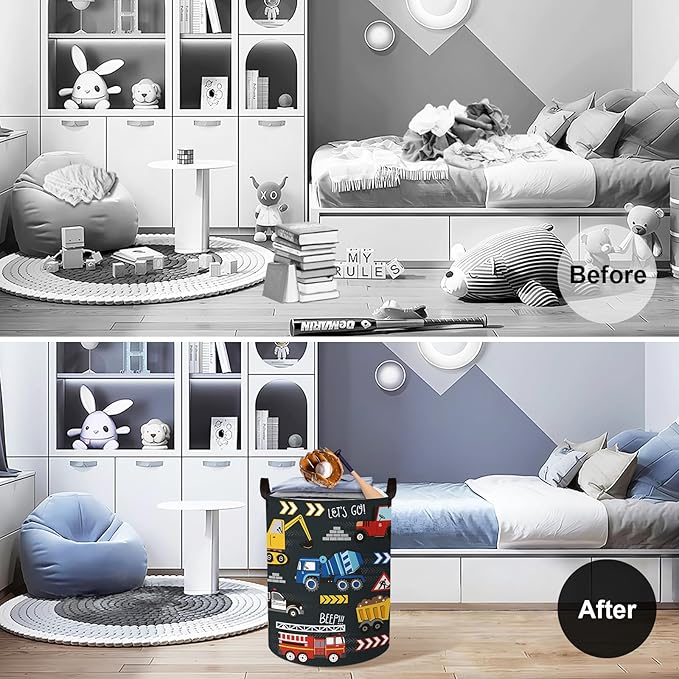 Clastyle City Car Baby Laundry Hamper Kid Storage Basket Boy Gift Toy Box Collapsible Clothes Organizer Nursery Bin for Bedroom,Fire Truck,36 * 45 cm
