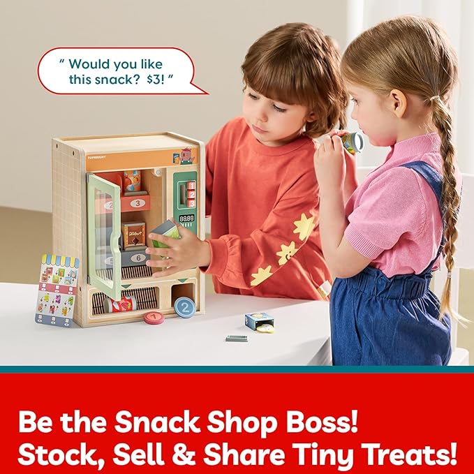 TOP BRIGHT Wooden Vending Machine Play Set, Play Food for Kids，Pretend Play Toys with Wooden Snack Bars and Drink Cans, Montessori Toys for Boys Girls Capybara Gift Age 3+ (Vending Machine)