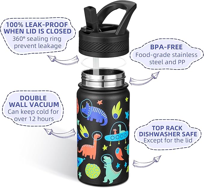 Fanhaw 14 Oz Kids Insulated Water Bottle with Straw - Stainless Steel Double Wall Vacuum Cup, Leakproof, BPA Free, Suitable for Boys and Girls(Black - Space Dinasour)