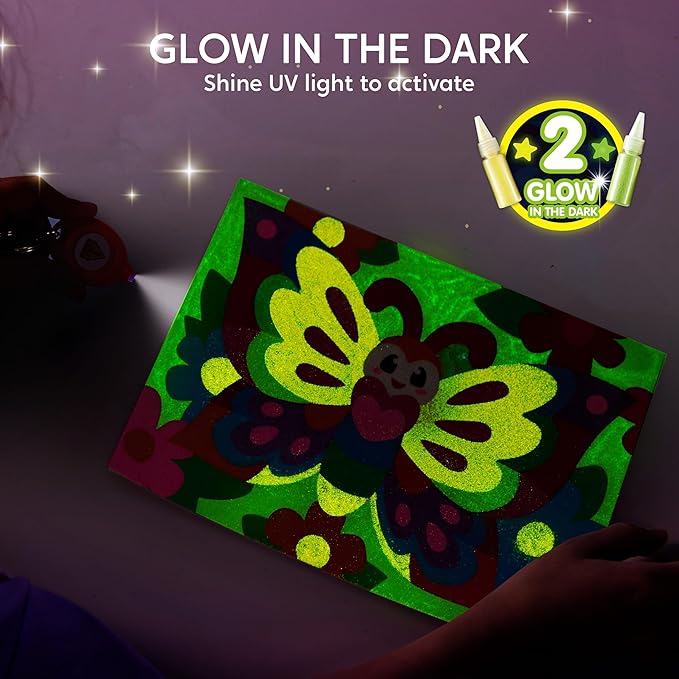 JOVA Klever Kits Glow Sand Art Kits for Kids, Glow in The Dark Sand Painting with 14 Colors, Kids Crafts, 6 Fantasy Templates & 4 DIY Sheets, Mess Free Arts and Crafts, Gifts for Girls Ages 5+