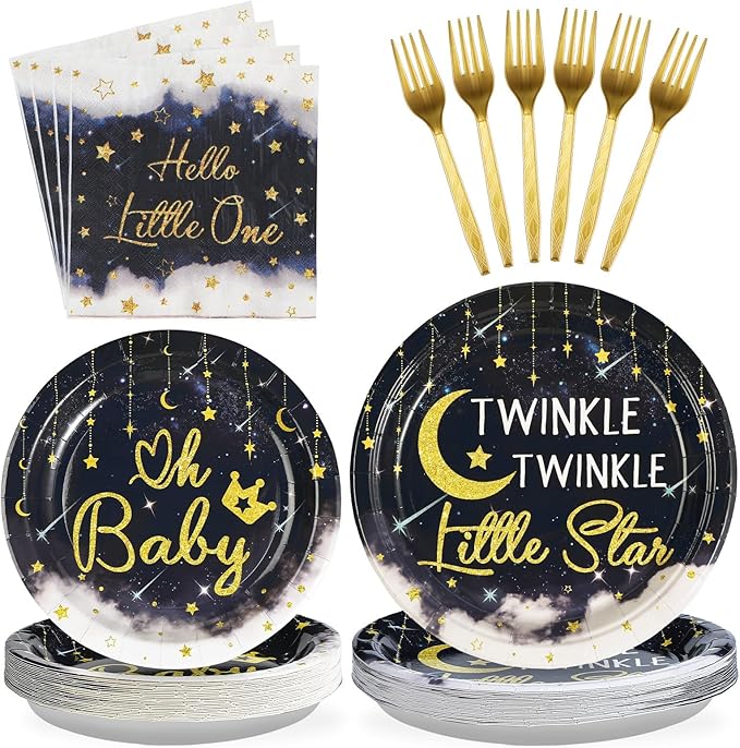 Grencian Twinkle Twinkle Little Star Decorations 96Pcs Gender Reveal Party Supplies Plates and Napkins Baby Shower Disposable Tableware for Baby Girls or Boys Gender Reveal Party Decorations Serve 24