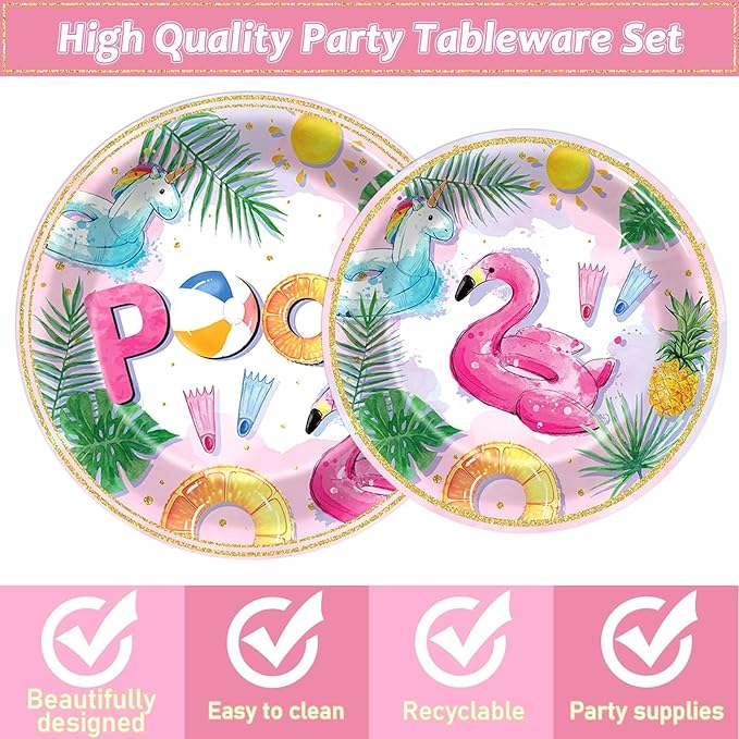 96Pcs Pink Pool Party Plates and Napkins Summer Beach Birthday Party Supplies Ball Theme Flamingos Unicorns Dessert Plates Forks Tableware Disposable for 24 Guests Girls Hawaii Birthday Decorations