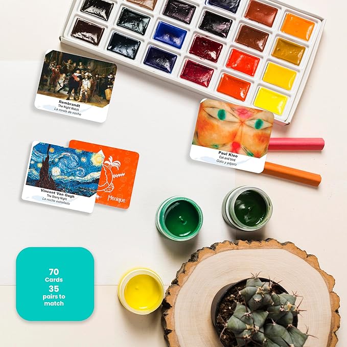 Menique Memory Matching Game – Famous Paintings for Adults & Kids – 70 Cards (35 Pairs) – Bilingual Art Game – Educational & Concentration Activity