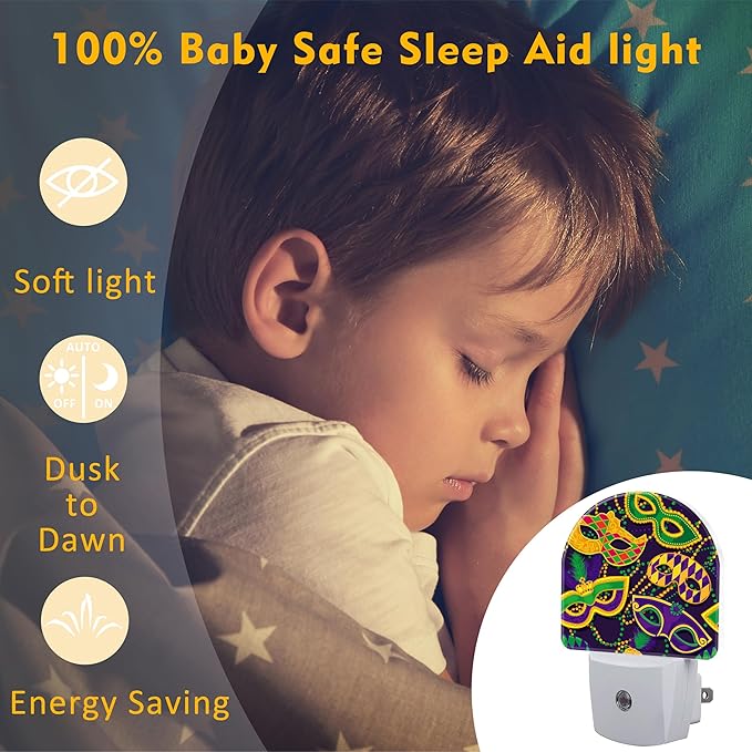 Happy Mardi Gras Night Light for Kids,Colorful Carnival Masks and Beads Plug in Night Light with Dusk to Dawn Sensor, 0.5w Energy Saving Nightlight for Hallway Stairway Kitchen Bedroom