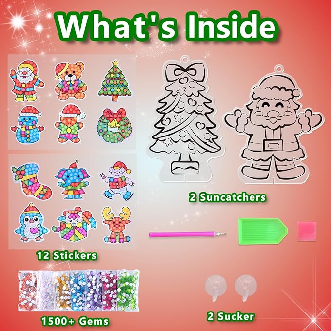 WAHFNG Gem Art, Diamond Art Kids Painting Kit -Make Your Own Stickers,Keychains & Suncatchers - Arts and Crafts for Girls and Boys - Gift Ideas for Age 6, 7, 8, 9, 10,11,12 Years Old（Christmas）