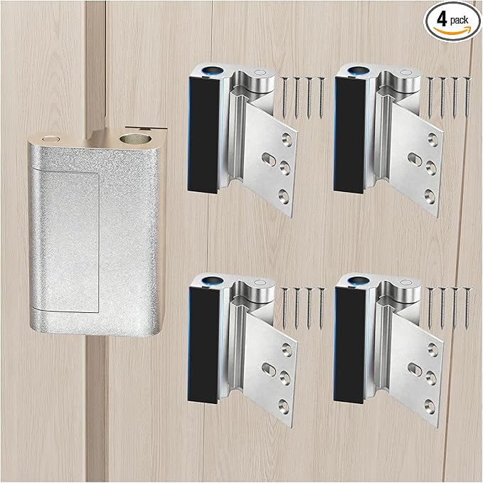 Tonitrui Home Security Door Reinforcement Lock for Front/Inward Swing Doors - Upgraded Reinforced 1200lbs Capacity, Night Kids Safety Metal Flip Deadbolt Latch (4Pack Silver)