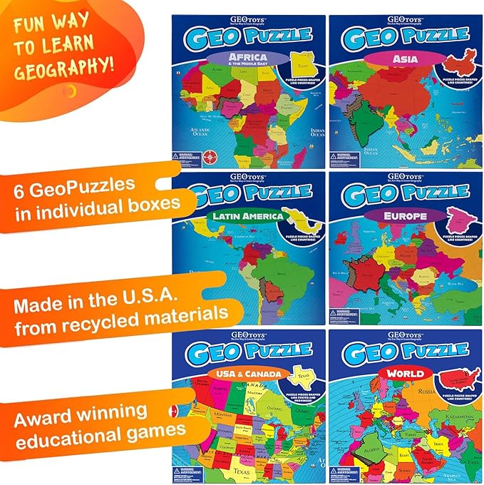 GeoToys GeoPuzzle, Country Jigsaw Puzzles Set of 6, Geography Game & Map Puzzle, Educational Games & Kids Learning Activities, Puzzle Gifts for Children Ages 6-9, Fun Learning Toys for Kids