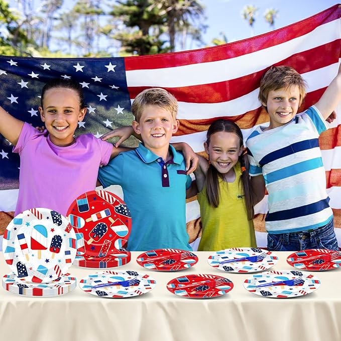 96Pcs Patriotic Party Supplies Summer Ice Pop Paper Plates and Napkins 4th of July Theme Disposable Tableware Set for American Independence Day Veterans Election Memorial Day Decor Serves 24