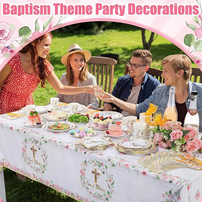Pickmesh 194 Pcs God Bless Baptism Party Decoration Girl for 24, Pink Floral Baptism Confirmation Paper Plate Napkin Cup Tablecloth Cutlery for First Holy Communion Christening Baby Shower Supplies