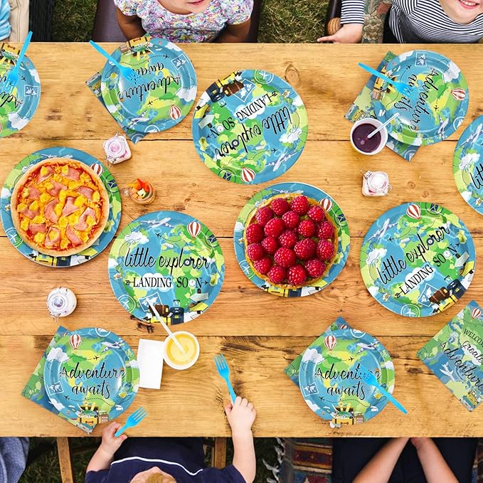 96Pcs Earth Day Baby Shower Party Supplies Adventure Travel Around The World Plates and Napkins World Map Explorer Disposable Tableware Sets for Kids Birthday Baby Shower Party Decorations Serves 24