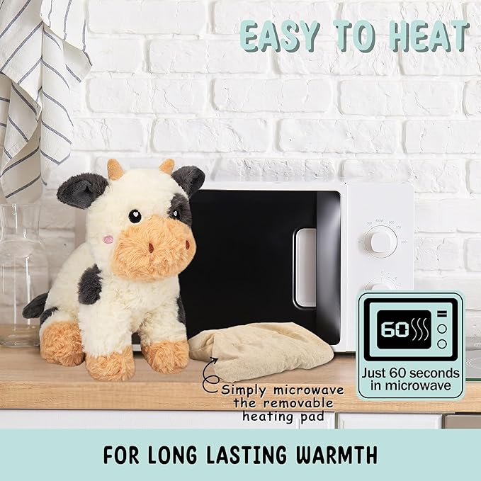 Cow Microwavable & Weighted Stuffed Animals - 1.5 Lbs Unscented Heating Pad for Period Cramps Pain Relief and Anxiety, Cute Black Cow Plush Toys Gifts for Women Girls Adults and Kids by Happy Fuel