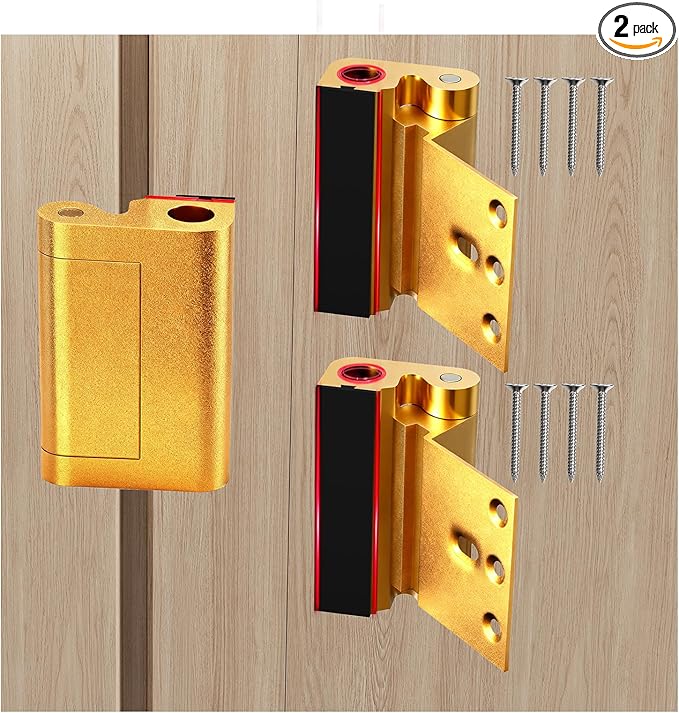 Tonitrui Home Security Door Reinforcement Lock for Front/Inward Swing Doors - Upgraded Reinforced 1200lbs Capacity, Night Kids Safety Metal Flip Deadbolt Latch(2Pack Gold)