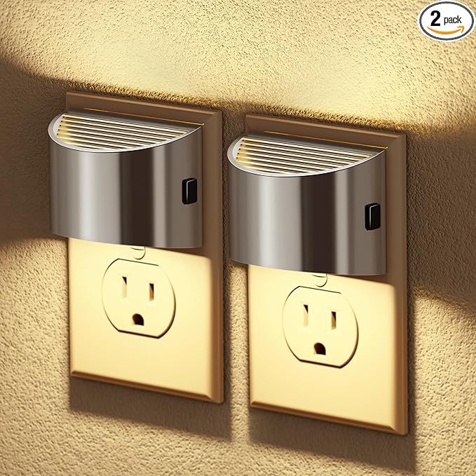 JandCase LED Night Lights Plug into Wall, 2 Pack Modern Night Lights, Dusk to Dawn Sensor Nightlight, 0-100LM Brightness Adjustable, 3000K Soft White(Silver)