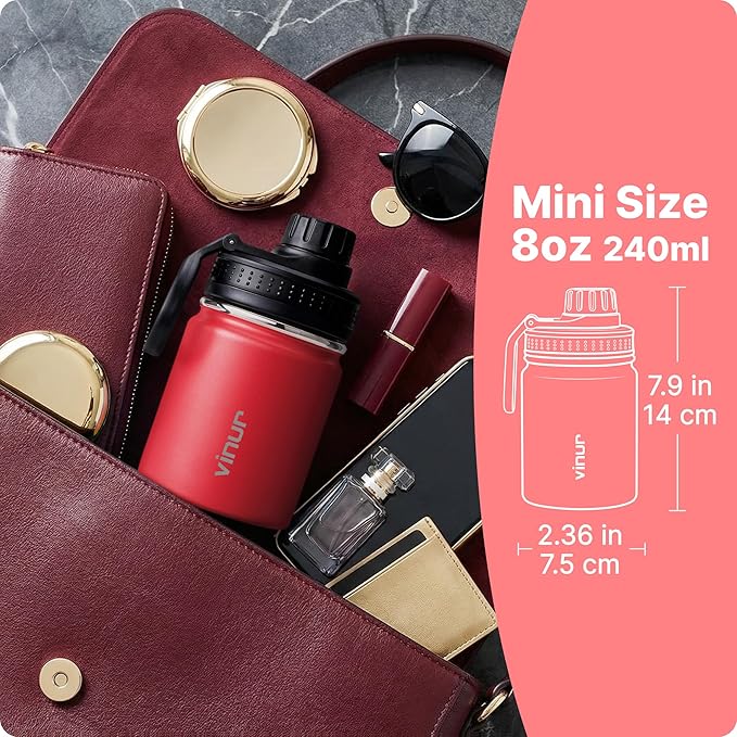 Vinur Small Water Bottle for Kids-8 oz Stainless Steel Vacuum Insulated Leak Proof Water Bottle for Lunchbox & Backpacks-Reusable Compact Bottle for Little Hands Women Girls, Canyon Red
