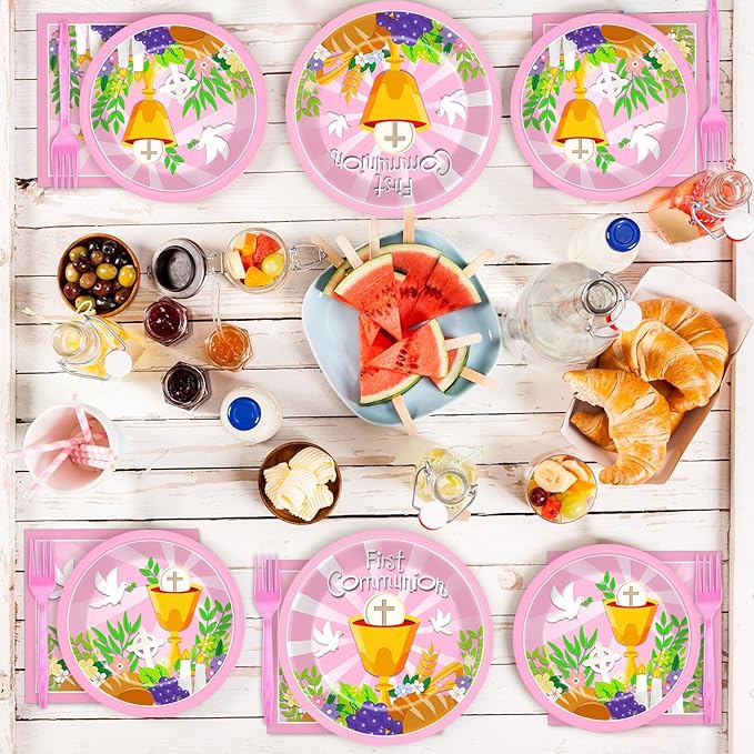 100 Pcs First Communion Plates and Napkins Baptism Decorations for Girl 1st Holy Communion Party Pink Disposable Paper Tableware for God Bless Christening Celebration Decor Baby Shower Serves 25