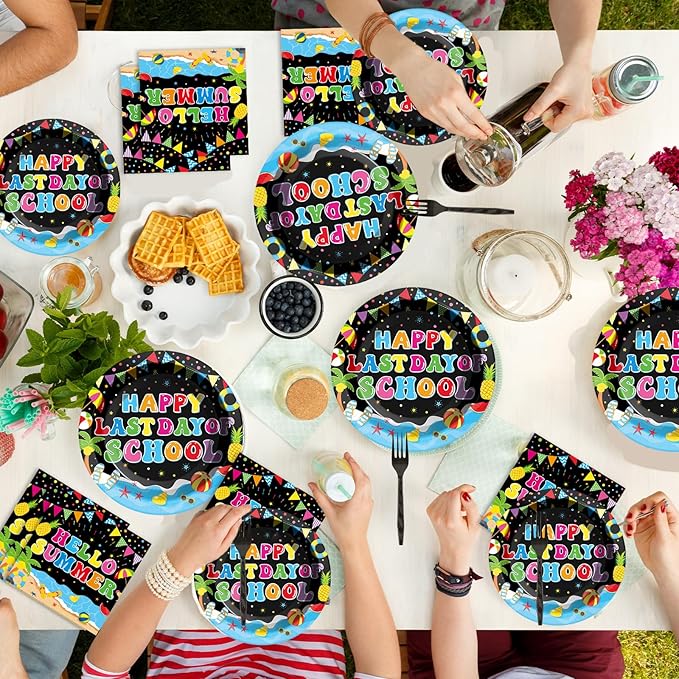 96 Pcs Happy Last Day of School Paper Party Plates and Napkins for Summer Vacation Supplies Summer End of School Year Theme Dessert Tableware Set for 24 Guests Birthday Party Decorations