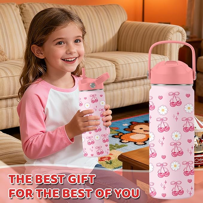 Cherry Gifts for Girls - 18oz Pink Water Bottle with Straw Lid, Stainless Steel Insulated Tumbler, Leakproof, BPA-Free, for Women, Travel - Cherry Lovers Birthday Gift Cup (1pc)