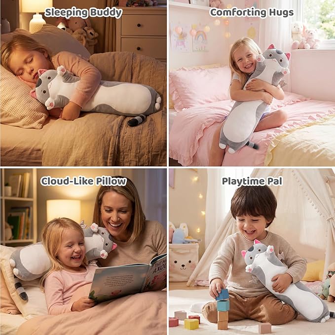 Mewaii Long Cat Plush 5 Sizes, 120% Extra Filling Giant Plushness Kids Body Pillow, Kawaii Cute Grey Cat Stuffed Animals Plushies, Big Long Body Pillow Plush Gift for Girls 28”