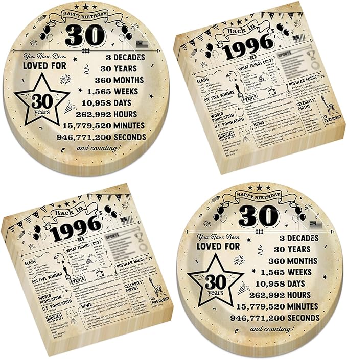 50pcs 30th Birthday Plates and Napkins Set Back in 1996 Party Tableware Supplies Vintage 30 Year Old Dessert Plates 1996 Birthday Party Decorations for 24 Guests 30th Theme Men Woman Parties Decor