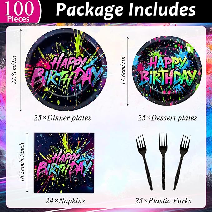 Qyeahkj 100 Pcs Neon Birthday Party Supplies Colorful Graffiti Paper Plates and Napkins Set Disposable Glow Neon Happy Birthday Tableware Decorations for Party Favors Serves 25