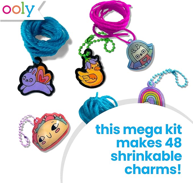 Ooly 73 PC DIY Shrinking Art Kit with 8 Paint Markers, Includes 48 Plastic Pre Cut Charms, 15 Colored Ball Chains and 2 Colored Cords, No Mess Creative Activity Jewelry Making Kit