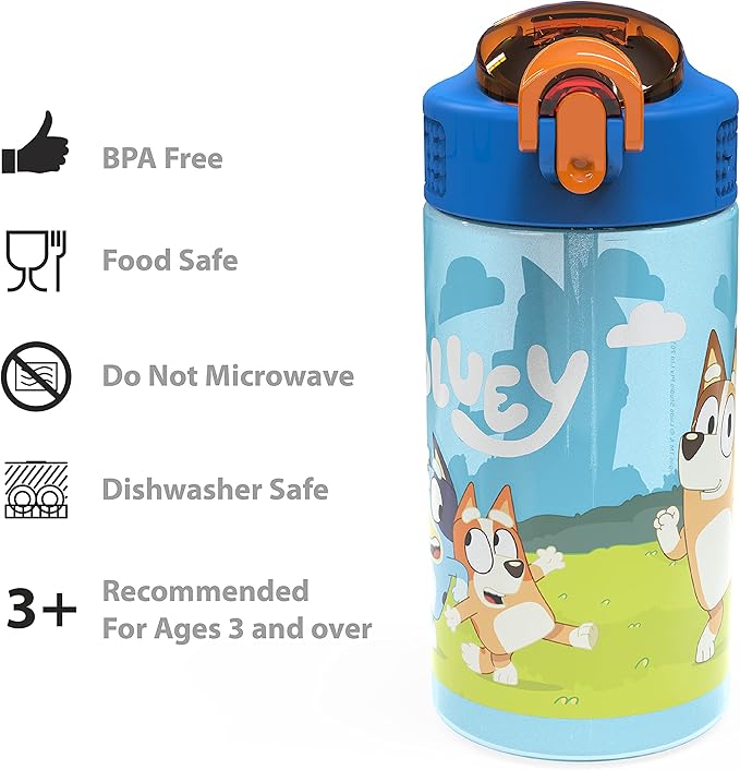 Zak Designs Bluey Kids Water Bottle Durable Plastic Spout Cover and Built-in Carrying Loop, Leak-Proof Water Design for Travel, (16oz, 2pc Set), 2pk