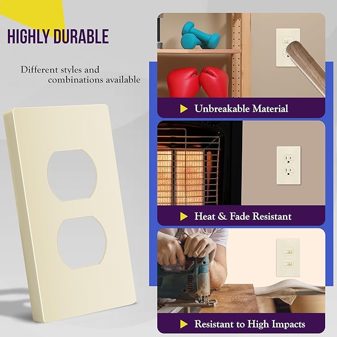 ENERLITES Screwless Duplex Wall Plate, Child Safe Receptacle Outlet Cover, Standard Size, 1-Gang 4.68" x 2.93", Unbreakable Polycarbonate Thermoplastic, UL Listed, SI8821-LA-5PCS, Light Almond, 5 Pack