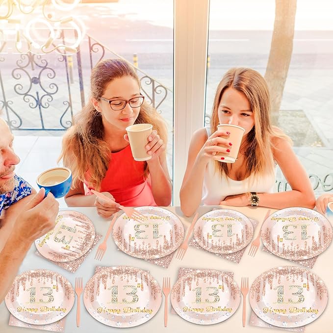 96 Pcs 13th Birthday Decoration for Girls Rose Gold 13th Birthday Plates and Napkins Party Supplies Rose Gold Pink Happy 13 Years Party Disposable Tableware Set for 24 Guests Party Decoration