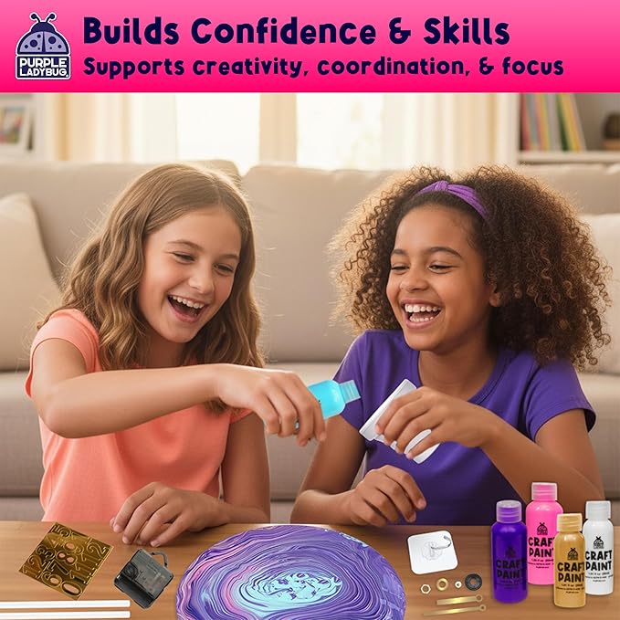 PURPLE LADYBUG Pouring Paint DIY Clock Kit - Creative Kids Painting Kit - 6 7 8 9 10 11 12 Year Old Girl Gift Ideas, Birthday Gifts for 6-12 Year Old Boys & Girls - Crafts for Kids 8-12