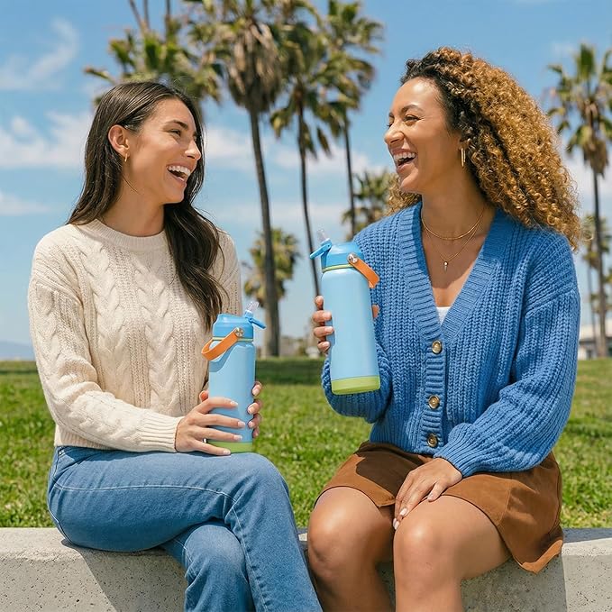 Fijinhom 24oz Insulated Stainless Steel Water Bottle, Wide Mouth Double Wall Vacuum, Silicone Straw, Sweat & Leak Proof, BPA Free Insulated Water Flask for Travel, Keep Cold 24h Hot 12h, Cerulean
