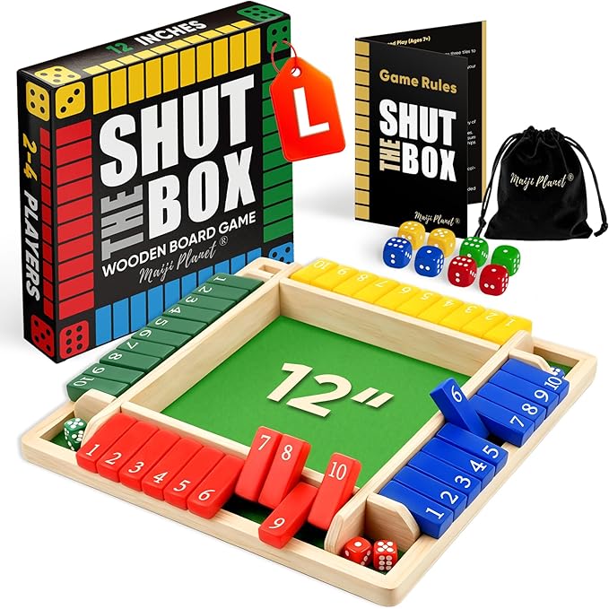 12" Upgraded Shut The Box Game, Math Dice Board Game for Family Night Classroom Travel, Wooden Table for Group Kid Adult Senior, Travel Party Bar, Easy Quick and Fun, 2-4 Players