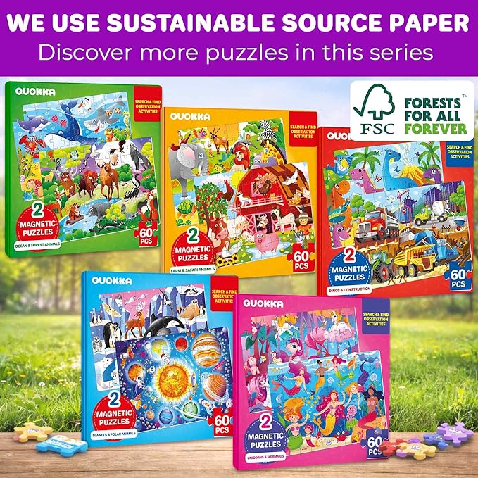 QUOKKA Magnetic Puzzles for Toddlers 3-5 – Search & Find 2 Pack 60 Pieces Each – Travel Friendly Board with Hidden Objects, Space Map and Polar Animals – Educational Puzzle Gift for 3 Year Olds