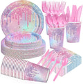 168Pcs Iridescent Birthday Party Supplies Pink Purple Pastel Colorful Diamond Plates and Napkins Cups Rainbow Tableware Set for Girls Bridal Baby Shower Sparkle Bachelorette Wedding Supplies Serve 24