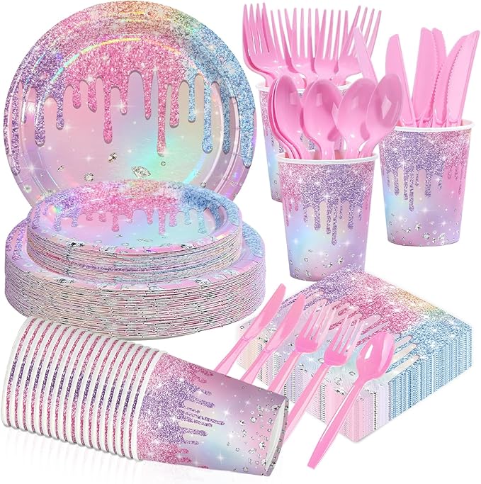 168Pcs Iridescent Birthday Party Supplies Pink Purple Pastel Colorful Diamond Plates and Napkins Cups Rainbow Tableware Set for Girls Bridal Baby Shower Sparkle Bachelorette Wedding Supplies Serve 24