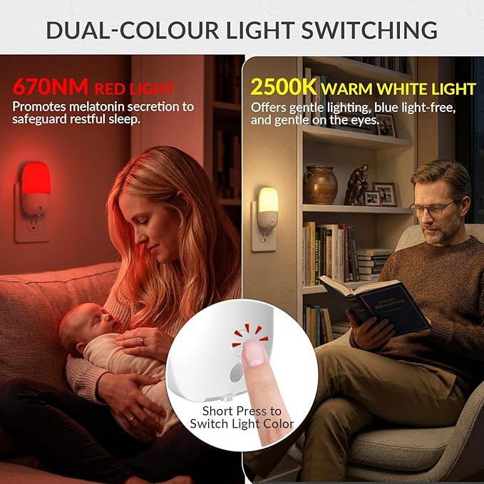 Klarlight 670nm Red LED Night Light for Sleep, Warm White Nightlight for Kid, Dusk to Dawn Sensor, Auto/On/Off Dimmable Night Lights Plug into Wall for Baby, Bedroom, Hallway, Bathroom, 0.5W(2 Pack)