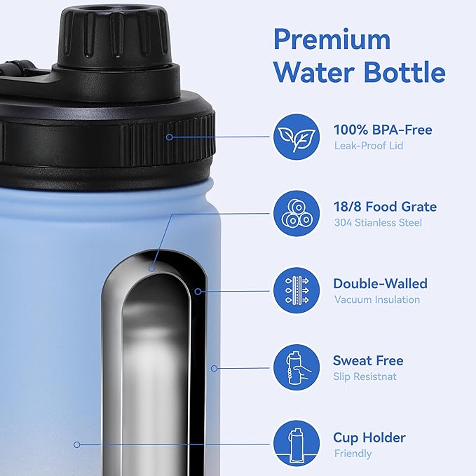 DOMICARE 16 oz Kids Water Bottle for School Stainless Steel Double Wall Vacuum Insulated Water Bottle with Straw lids & Spout Lid, Leakproof BPA Free (Blue/Pink,8)