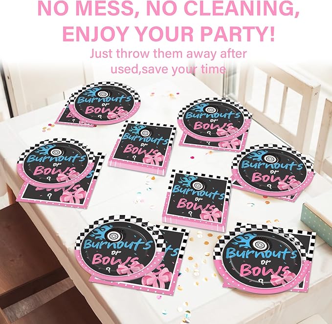 24 Guests Burnouts or Bows Gender Reveal Paper Plates Napkins Gender Reveal Party Decorations Baby Shower Party Supplies Disposable Dinner Tableware Set for Birthday Boys or Girls Serve 24