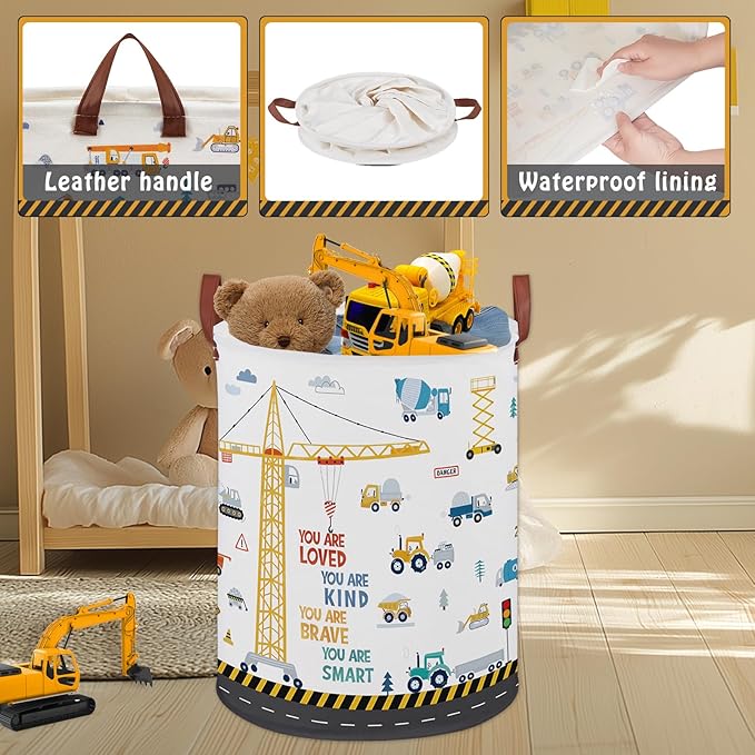 Construction Decor for Boys Room Laundry Basket,Trucks Toddler Kid Laundry Hamper, Car Excavators Baby Dirty Clothes Basket,Toy Organizer Bin (Yellow Construction)