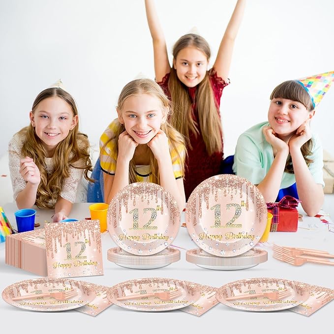 96 Pcs Rose Gold 12th Birthday Party Plates and Napkins for Girls Rose Gold Party Supplies Pink Happy 12 Years Birthday Party Tableware Set for 24 Guests Party Decorations