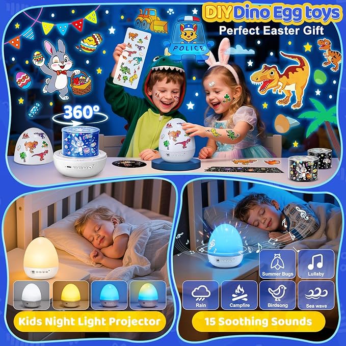 Dinosaur Egg Light for Nursery Sound Machine | 15 Sleeping Sounds+12HD Films+360°Rotating | Dnio Gifts for Kids Primal Hatch Dinosaur Egg Night Light for Nursery Boy Toys Hatch Sound Machine Lights