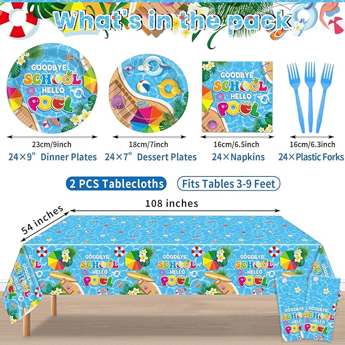 Goodbye School Hello Pool Tableware Set for Kids Class End of Schools Year Theme Supplies Summer School's Out Plates Napkins Tablecloths Serves 24 Guests Graduation Preschool Party Favors