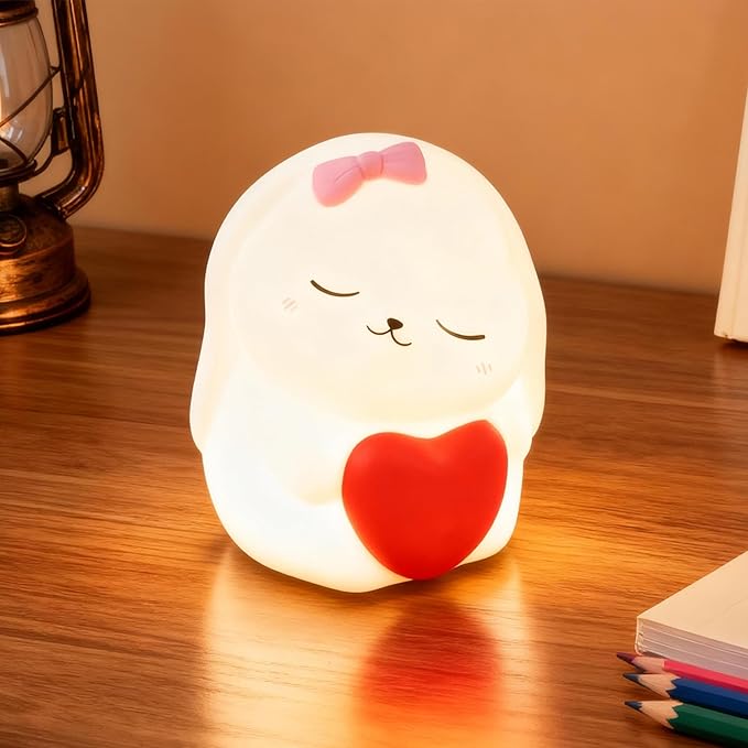 Rechargeable Rabbit Night Light for Kids: Soft silicone squishy LED with 7 colors & dimming. Fits college dorms, baby rooms; great for breastfeeding. Ideal gifts for girls & boys.