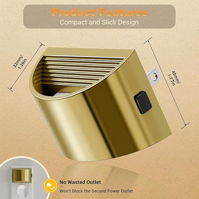 JandCase LED Night Lights Plug into Wall, 2 Pack Gold Modern Night Lights, Dusk to Dawn Sensor Nightlight,0-100LM Brightness Adjustable, 3000K Soft White