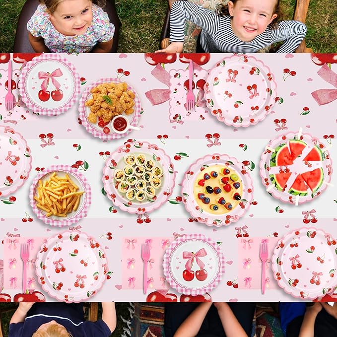Cherry Party Plates and Napkins Supplies | 25 7inch Dessert Plates | 25 9inch Disposable Plates | 25 Napkins | 25 Forks | 1 Tablecloth for Birthday, Baby Shower,Summer Fruit 1st
