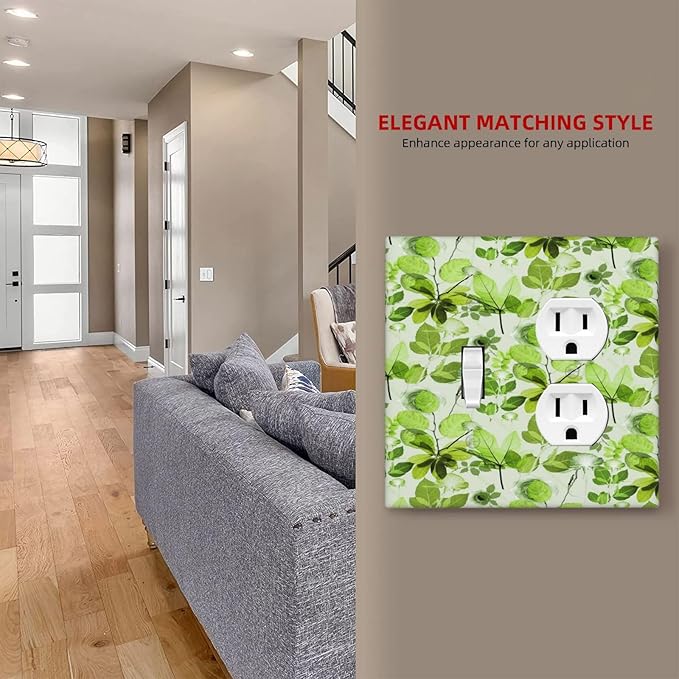 Green Leaves Spring Plant Floral Wallplates 1 Toggle 1 Duplex Switch Plate Electrical GFCI Faceplate Decorative Light Switch Covers for Bed Room Living Room Decor