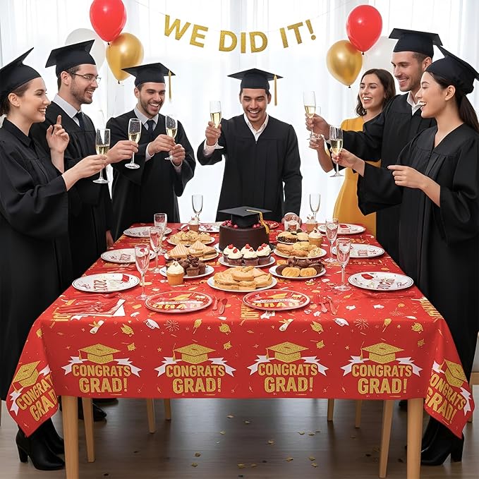 Graduation Plates and Napkins Party Supplies 2026 Graduation Decorations for 24,Red Disposable Grad Plates Class of 2026 Dessert Plates Napkins,Tablecloth,Forks,for Congrats Grad Party Decorations